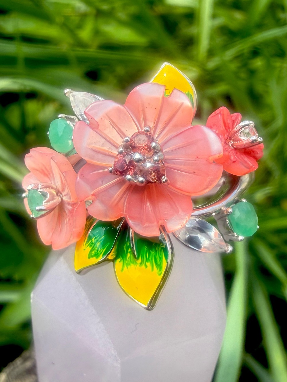 Floral Mother of Pearl Sterling Ring Hessionite Garnet Emerald, Enamel Accents